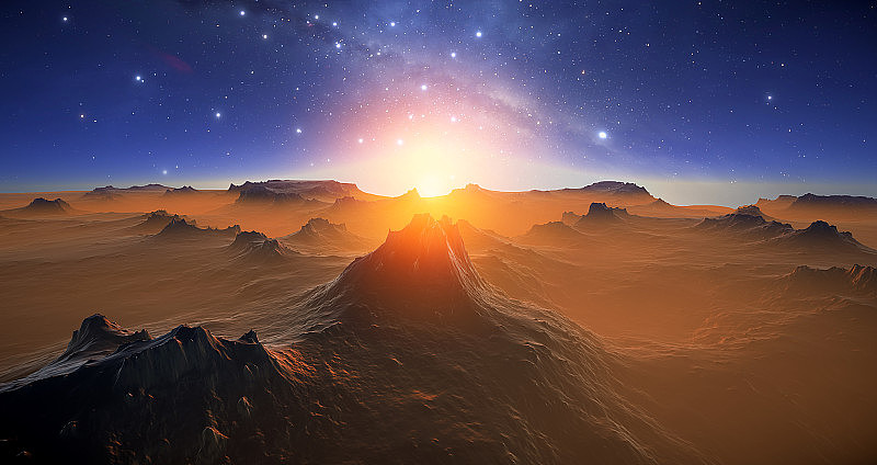 从行星表面看到的奇妙的太空景观。火星表面的行星，幻想尖锐的岩石和山脉。神奇的星空，行星的星星和天空中的星系