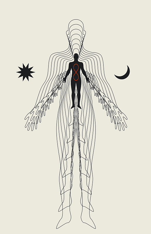 人体和灵魂的概念性深奥说明 深刻的冥想或重生概念 矢量图