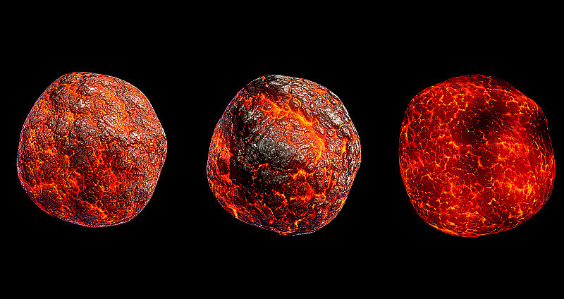 幻想外星星球表面有熔融的炽热液体熔岩。ui空间游戏的3D渲染图标，一组孤立在黑色背景的未来主义宇宙物体。宇宙探索，天文收藏