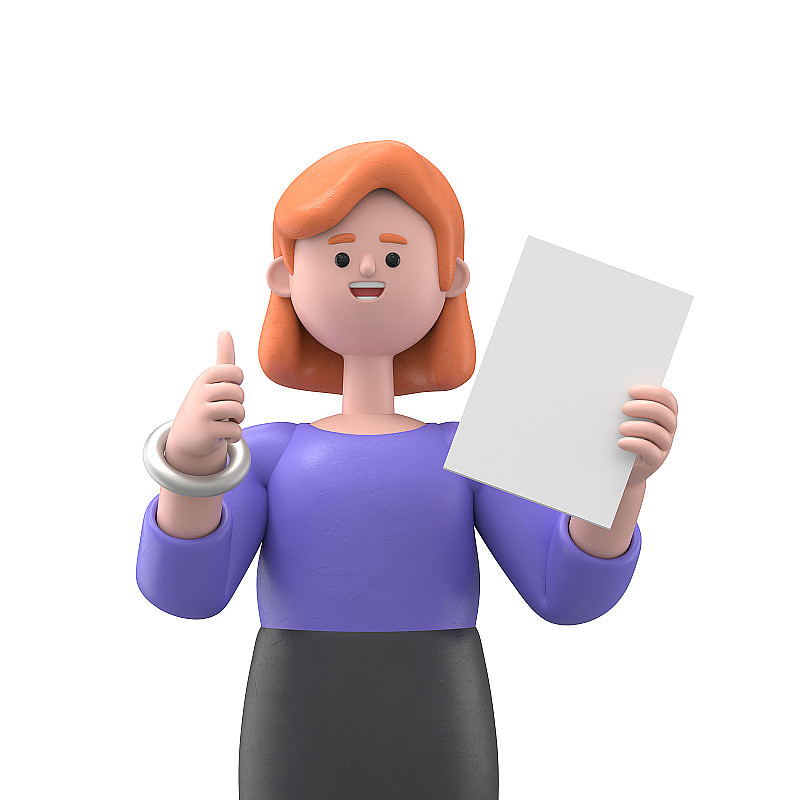 一个微笑的女人安吉拉手持白色白板的3D插图。卡通人物的肖像站着，一只手拿着展板，另一只手指向展板，广告