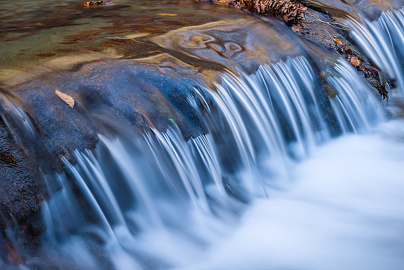 山河上的小瀑布特写，流水自然背景