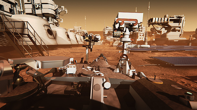 美国宇航局的火星发现号漫游者在火星表面行驶。火星的太空殖民。火星漫游者和空间站。火星殖民地和基地，火星漫游者。外星红色星球布满岩石。