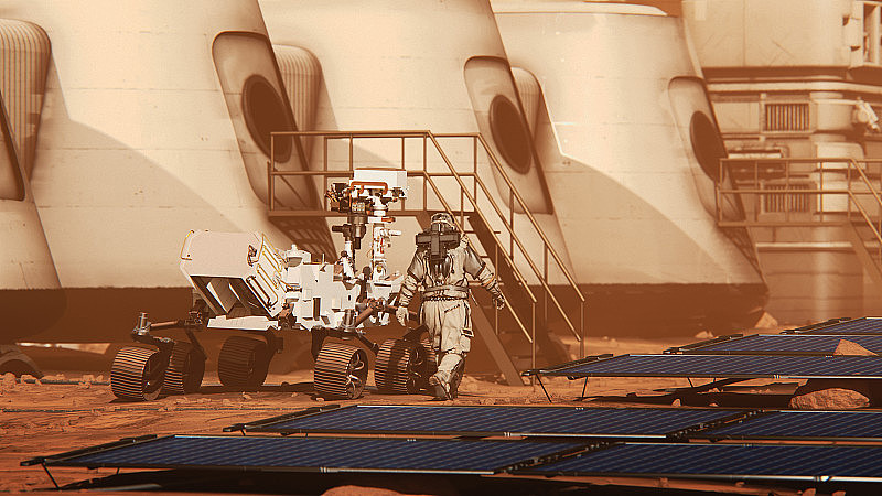 美国宇航局的火星发现号漫游者在火星表面行驶。火星的太空殖民。火星漫游者和空间站。火星殖民地和基地，火星漫游者。外星红色星球布满岩石。