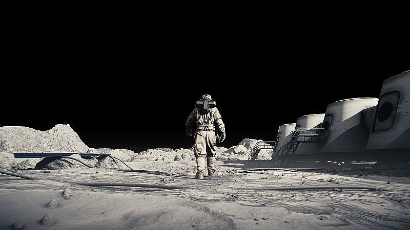 穿着太空服的宇航员在月球表面行走，使用Alpha频道。空间站和火星探测器