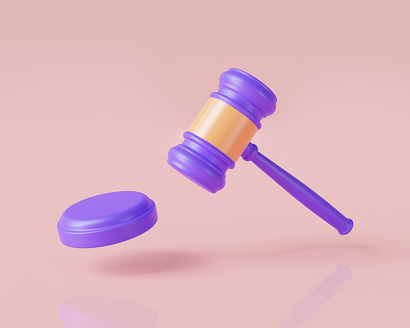 紫色的法官木槌图标漂浮在粉红色的背景。审判锤，法律木槌，法律和司法制度，仲裁法院。木槌裁决概念。3d渲染插图。卡通最小