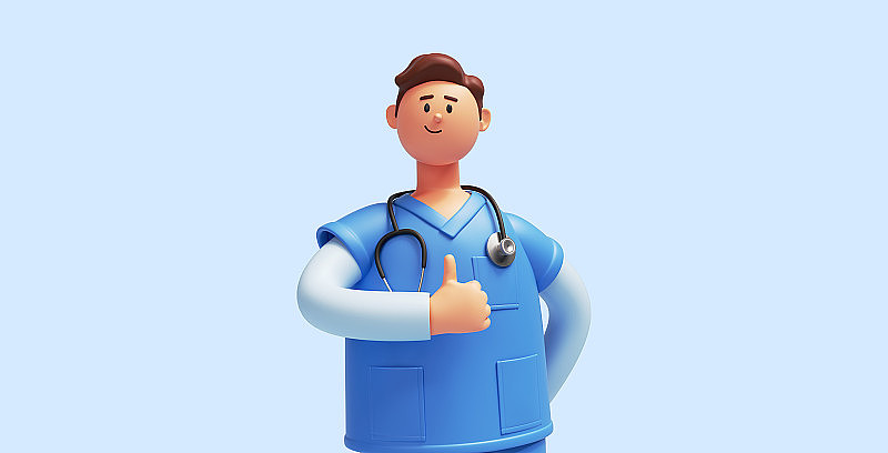 三维渲染，白人年轻人，卡通人物护士穿着蓝色衬衫，看着镜头，竖起大拇指，像手势。保健支助。医学剪贴画，批准概念