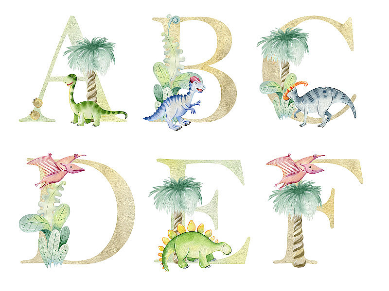 水彩恐龙字母。