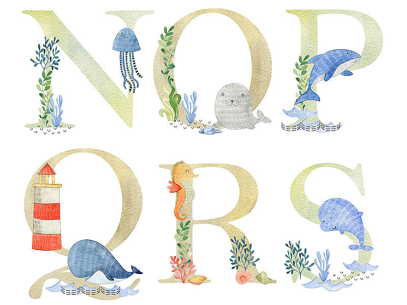水彩画海洋动物字母。