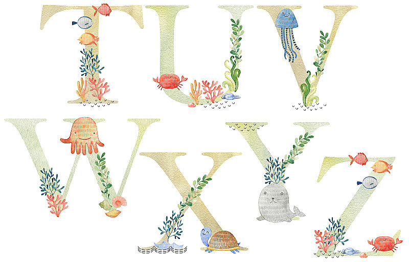 水彩画海洋动物字母。