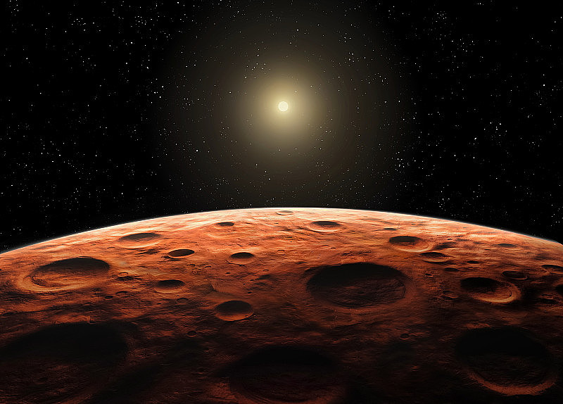 从太空看火星。这颗红色星球表面的陨石坑。