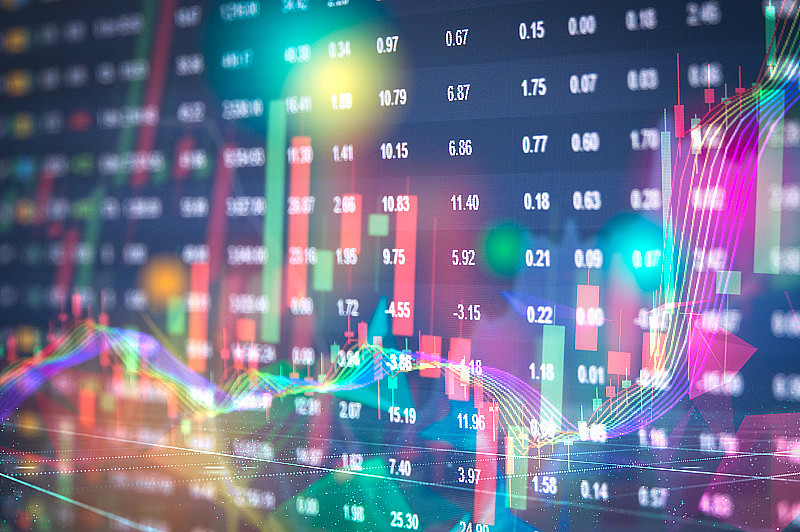 股票市场数字图形图表上的LED显示概念。大量展示每日股票市场价格和报价。指标金融外汇贸易教育背景。
