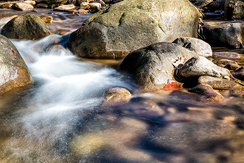 近距离的浅岩石溪流与平稳的流水和瀑布在秋天，石头和长暴露流动的小溪